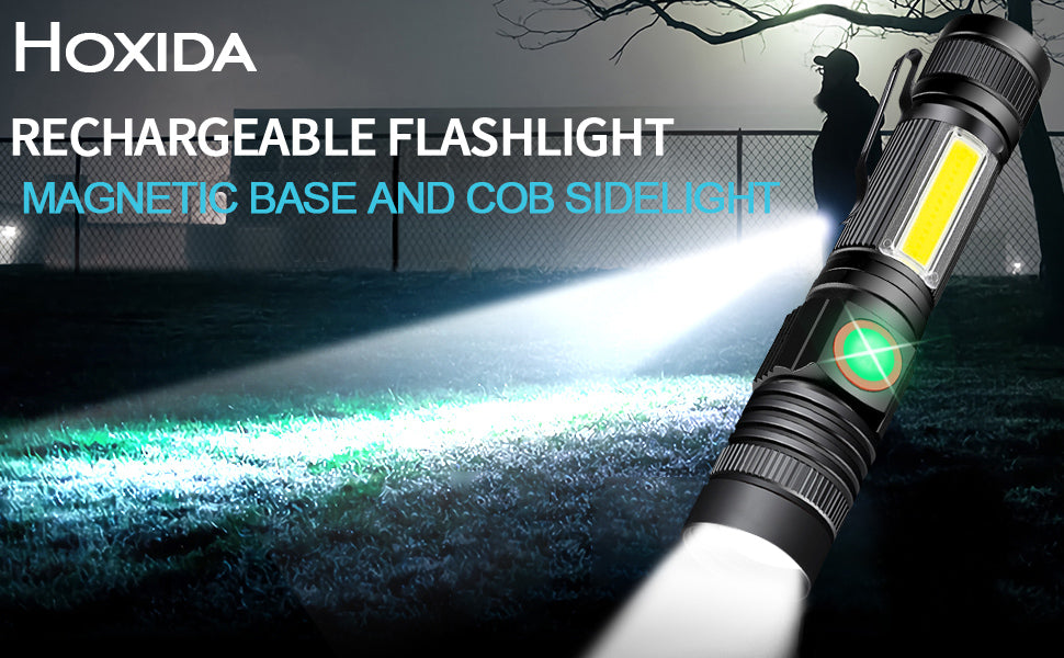 USB Rechargeable Flashlight, Magnetic LED Flashlight with Cob Sidelight